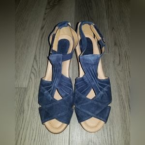 Earth Sueded-Leather Wedge Sandal with Velcro Closure-Navy Blue